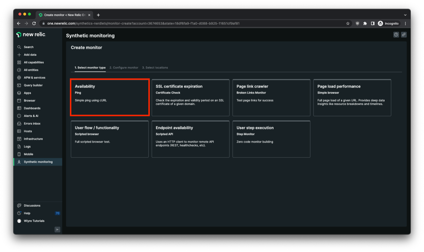 Availability monitor option on the New Relic website