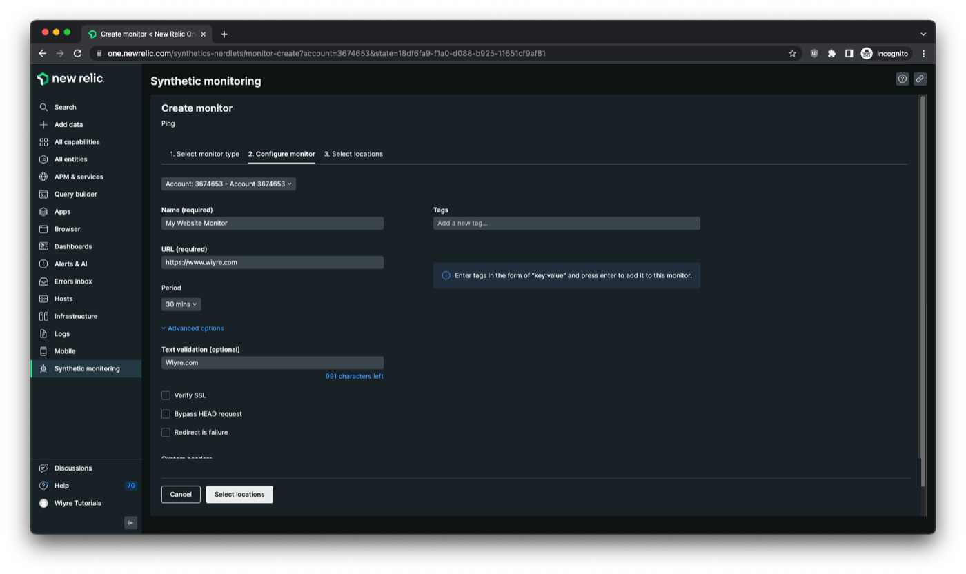 create monitor options page - allows you to select the name of your monitor and the url to check