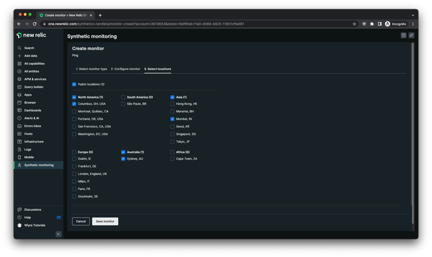new relic website, monitor location selection screen