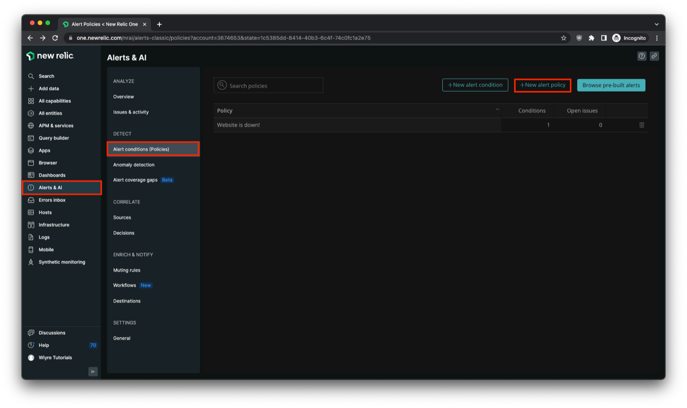 on the new relic website, select the "new alert policy" button from the "alert conditions" page