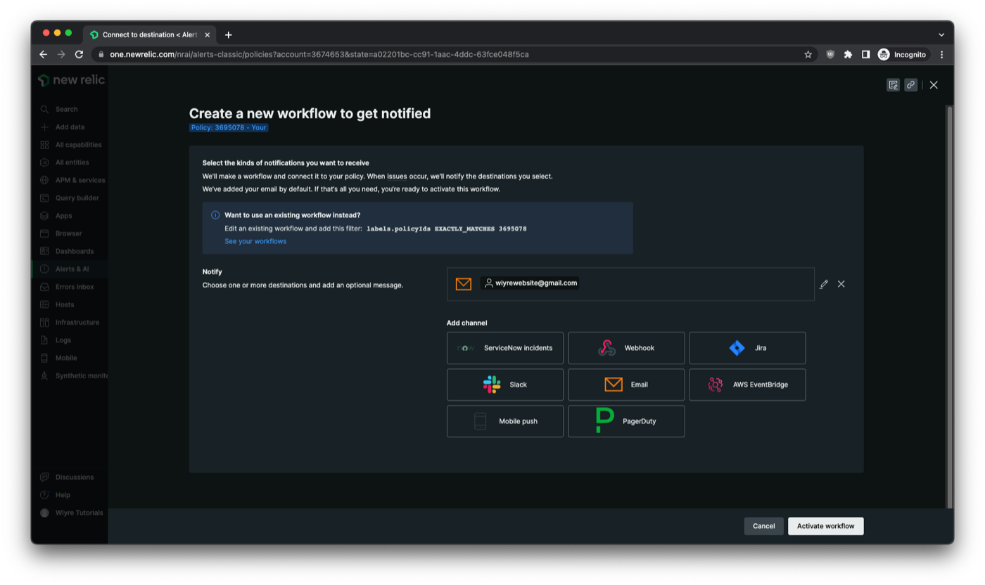 this page on the new relic website allows you to select your notification preferences if an alert is triggered