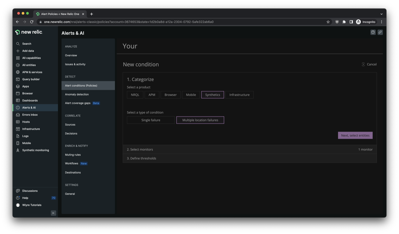 webpage showing options on New Relic which allow for customization of an alert condition