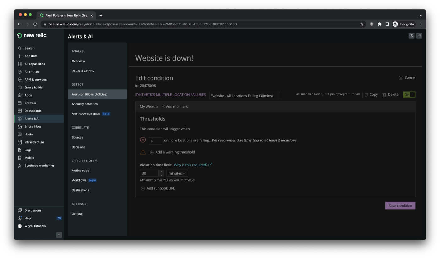 webpage showing alert conditions that allow you to send alerts