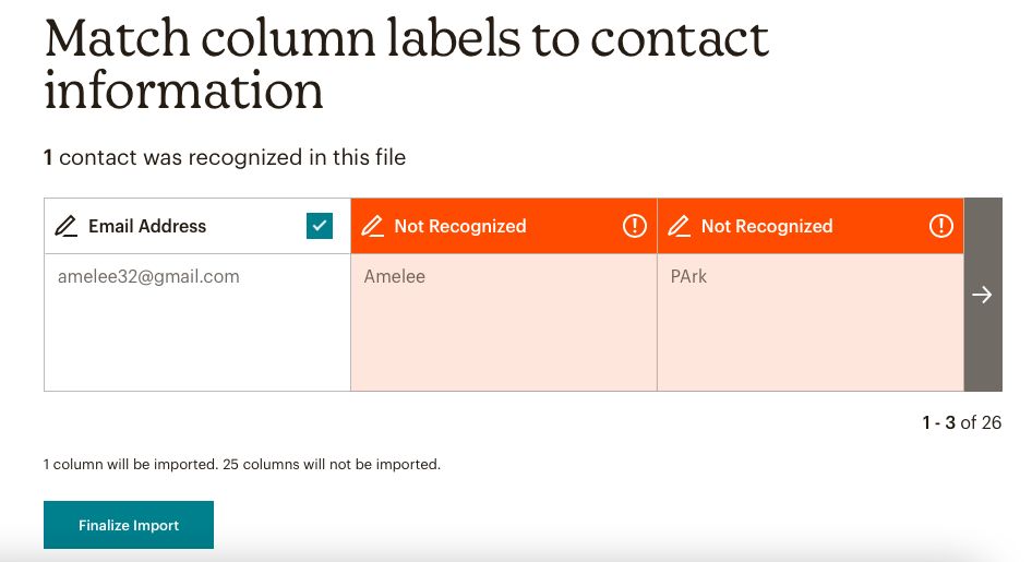 example of a contact being matched to columns