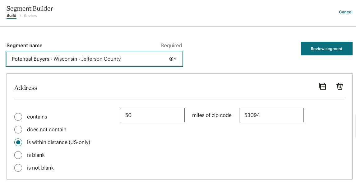 screenshot of the Mailchimp segment builder