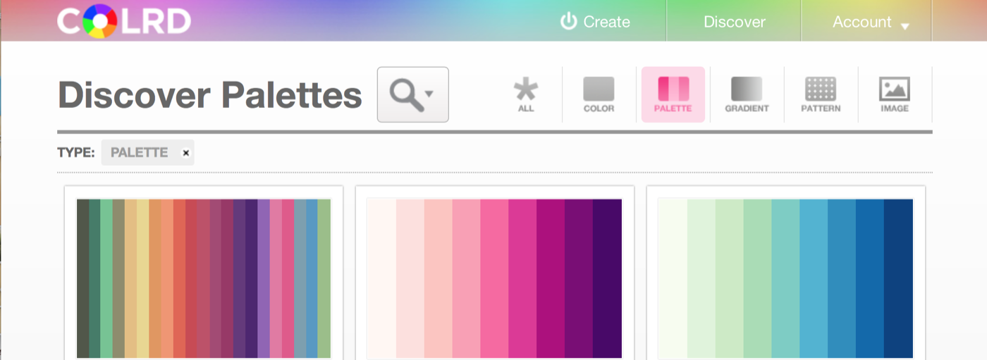 The Colrd palette section showcases other users' color palettes 