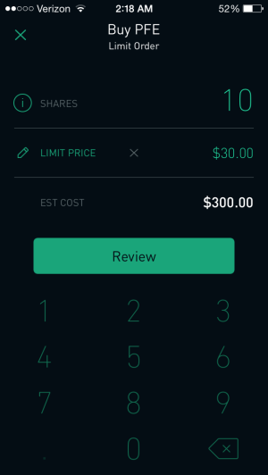 placing a trade with Robinhood