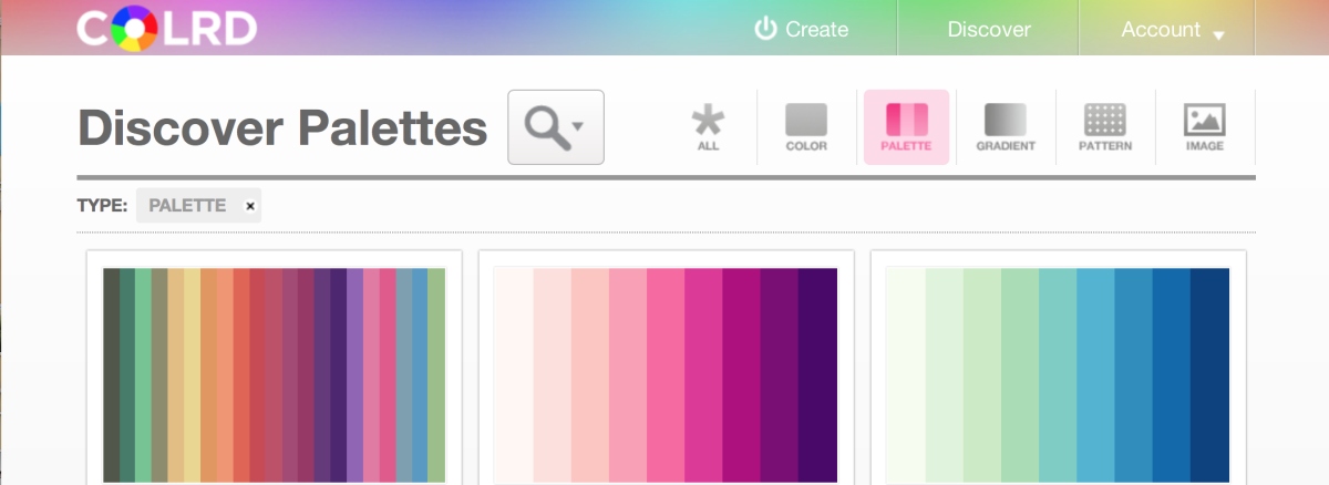 The Colrd palette section showcases other users' color palettes 