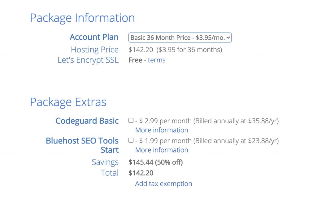 pricing options at bluehost