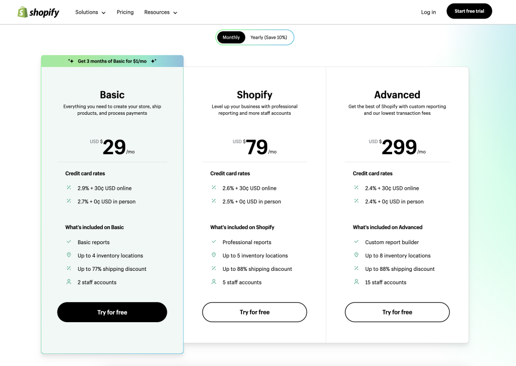 shopify pricing page screenshot