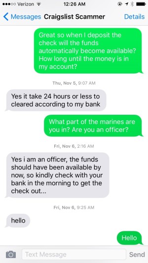 deposit cashiers check and asking him about the army