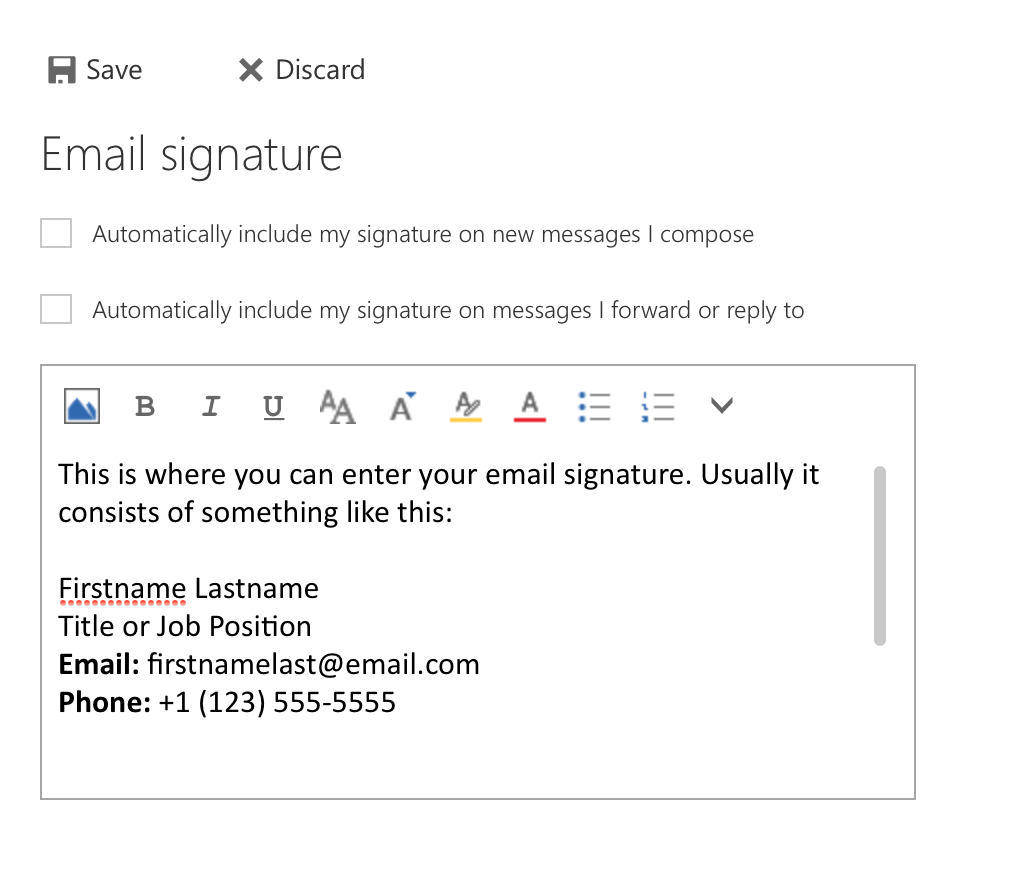 An example simple signature in Outlook Office 365