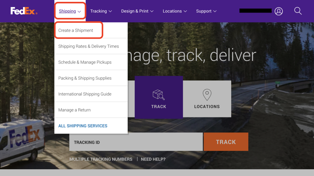 fedex homepage, showing the shipping dropdown option