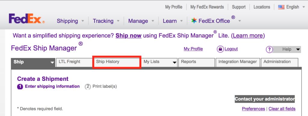 Ship History tab is where you want to be
