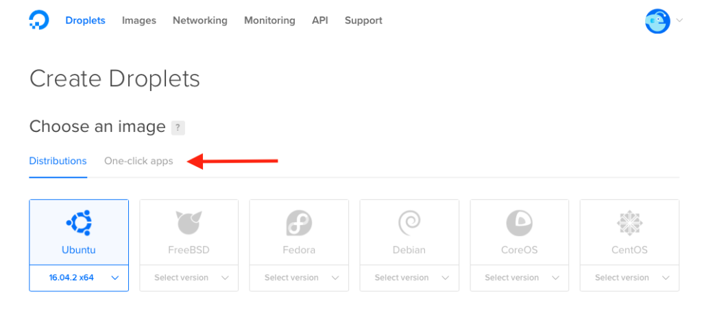 digital ocean, choose a droplet image
