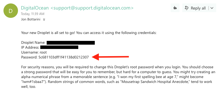 this is where you can find the root user password on DigitalOcean