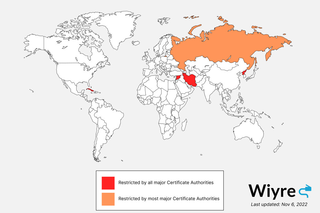 world map showing the list of banned and restricted countries from obtaining SSL/TLS certificates