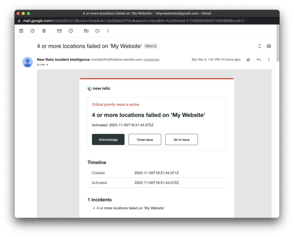 Email showing an alert from New Relic