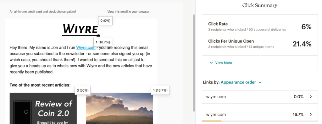 screenshot showing the results of an email campaign and where people clicked within the email itself