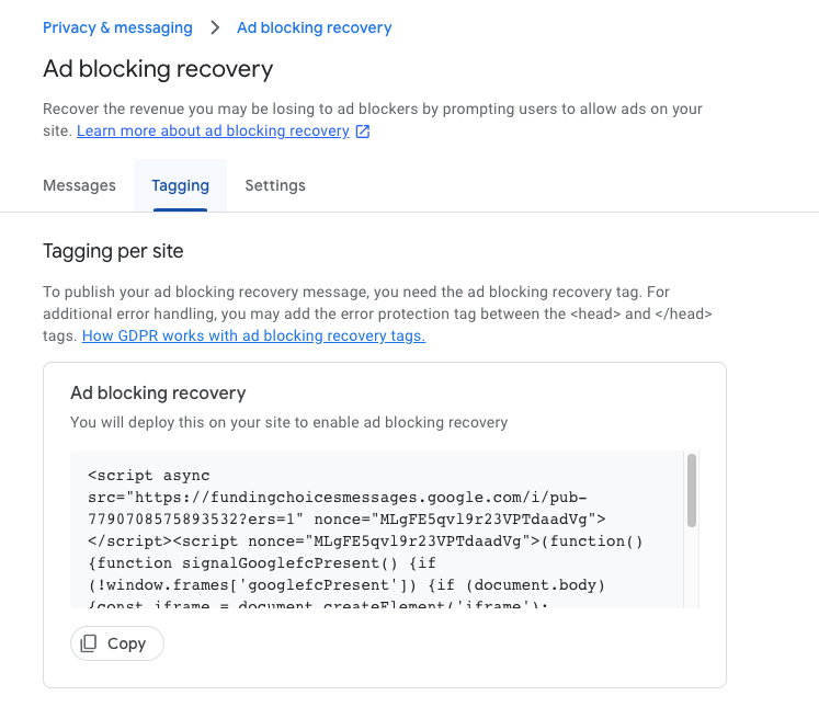 ad blocking recovery tagging code section of the site