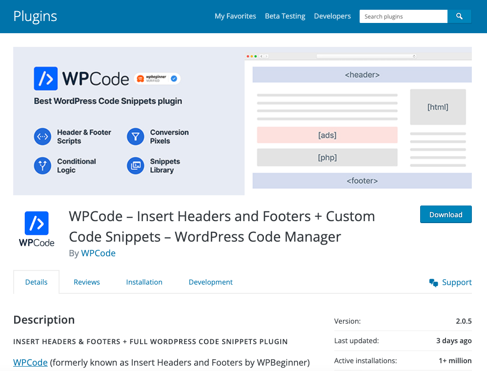 WPCode – Insert Headers and Footers screenshot of the plugin page
