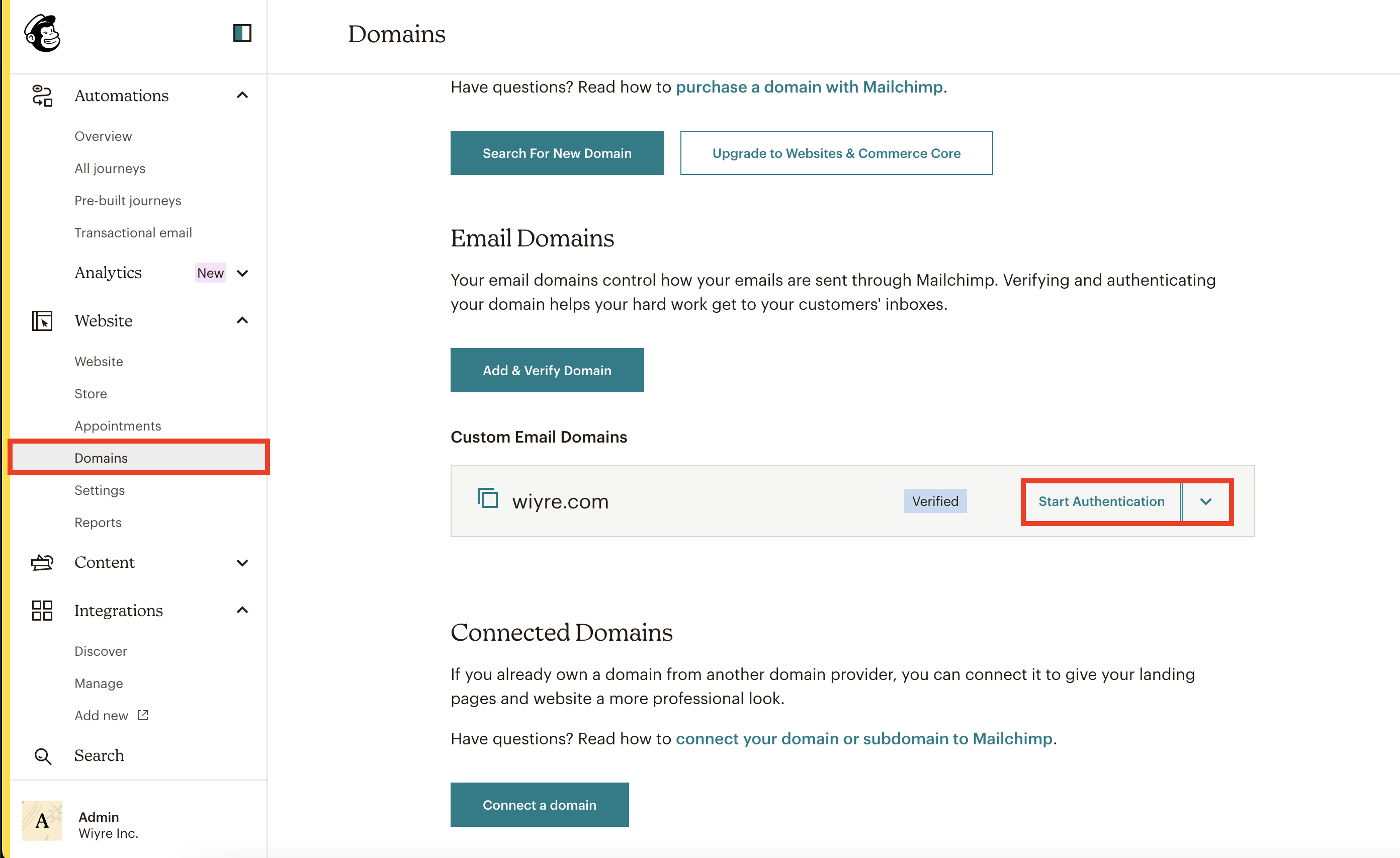 Step one of authenticating your domain on Mailchimp