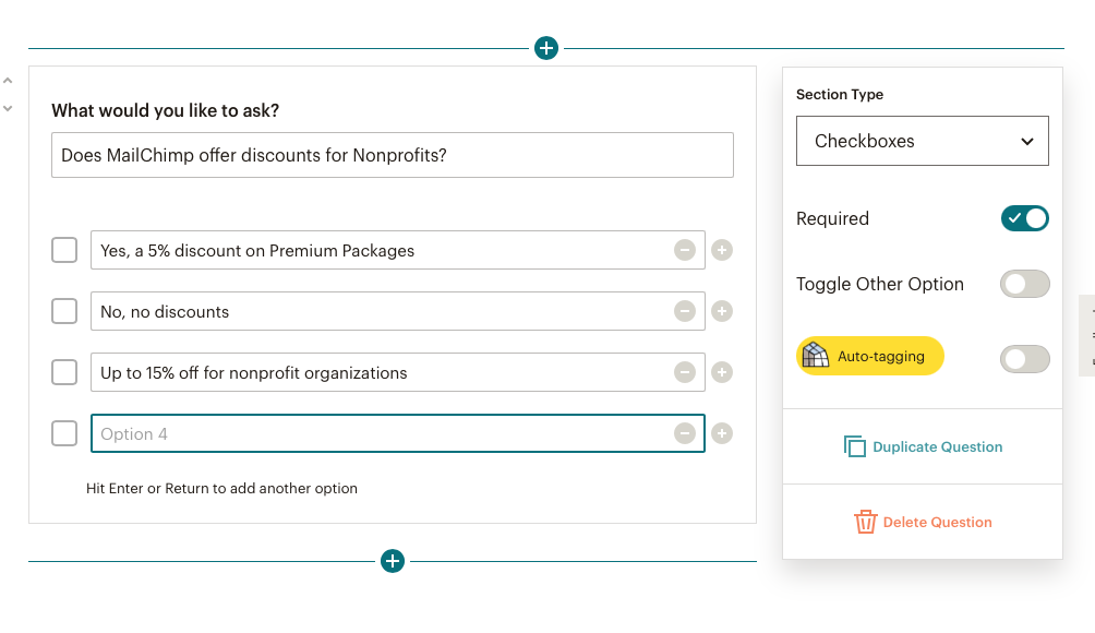 ability to add checkbox questions to your survey