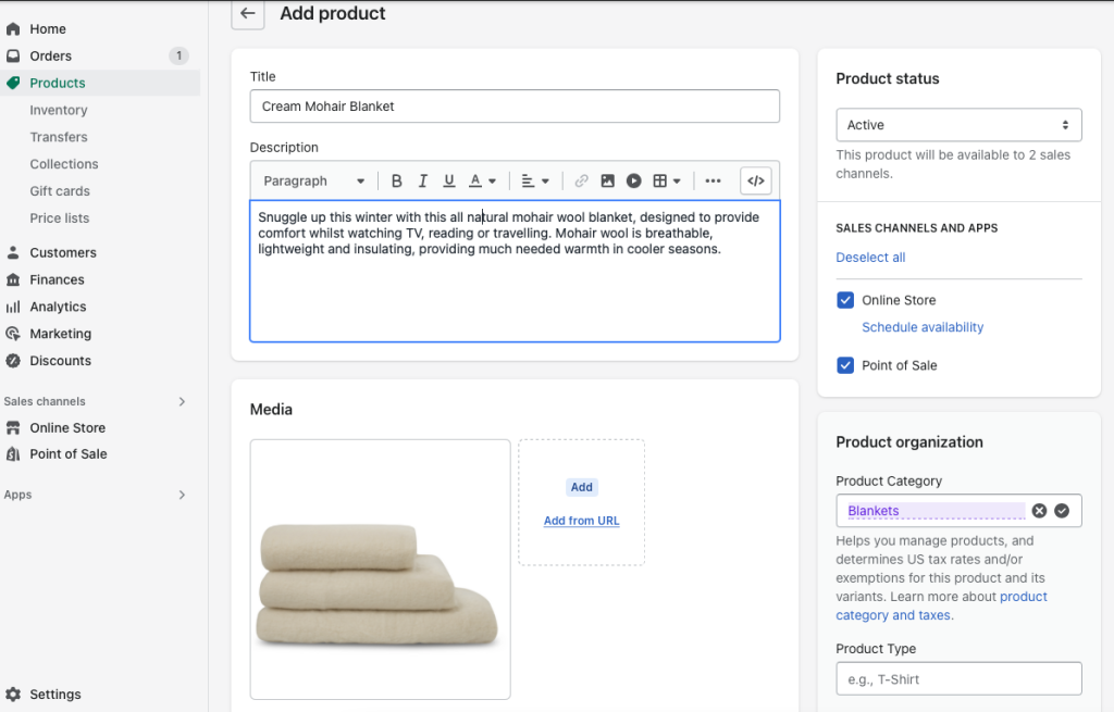 setting up a product on Shopify