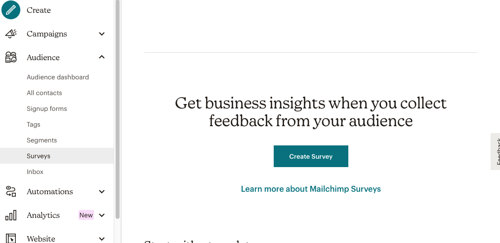 mailchimp settings page which allows you to create a survey