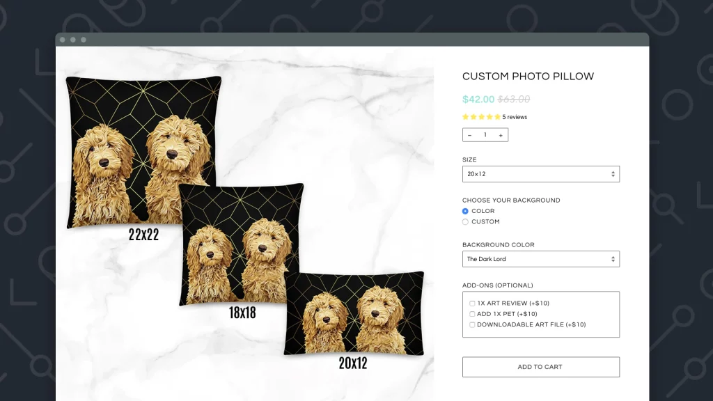 webpage that shows dog pillows with many options to choose from