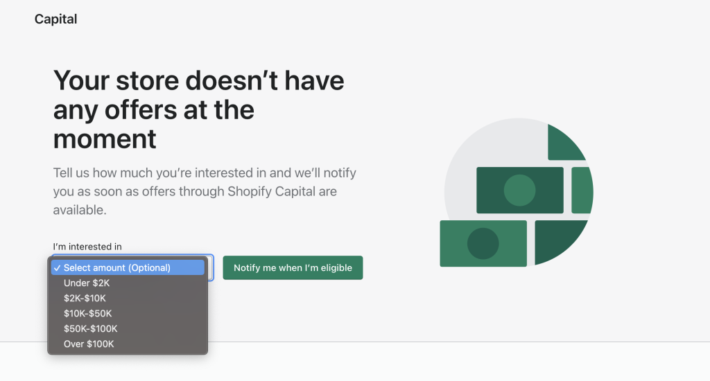 shopify capital not eligible page in the shopify admin console