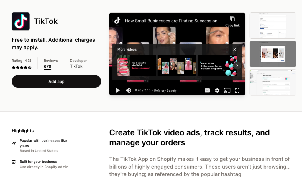 screenshot of the TikTok app listing on Shopify