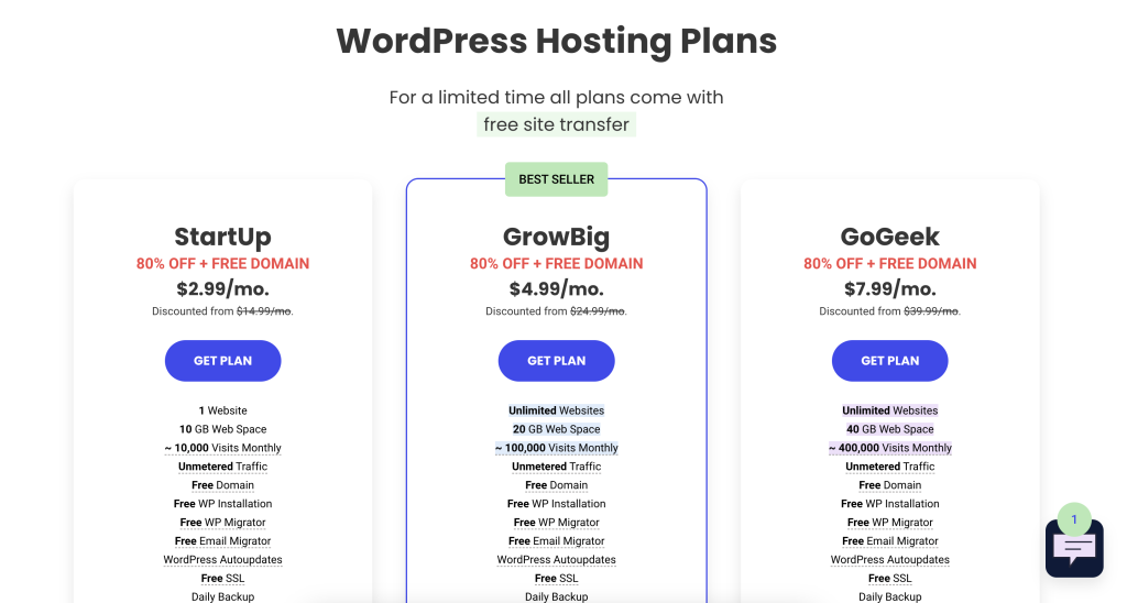 Screenshot of the SiteGround pricing page