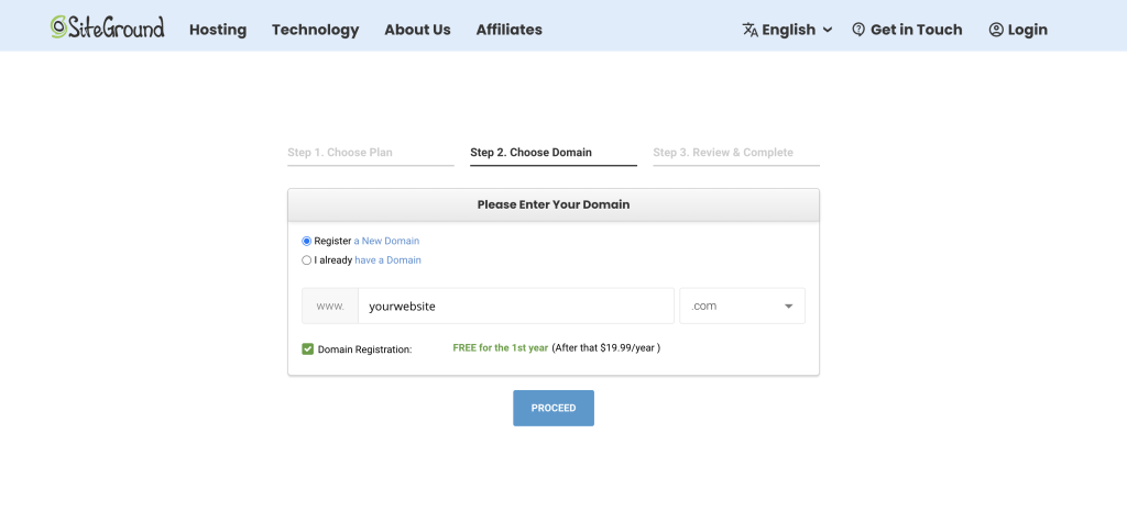 siteground page that allows you select the option to register a new domain