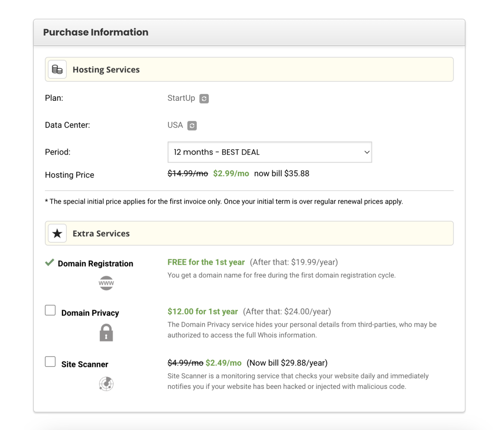 Purchase information options in SiteGround, along with Extra Services which are usually not needed