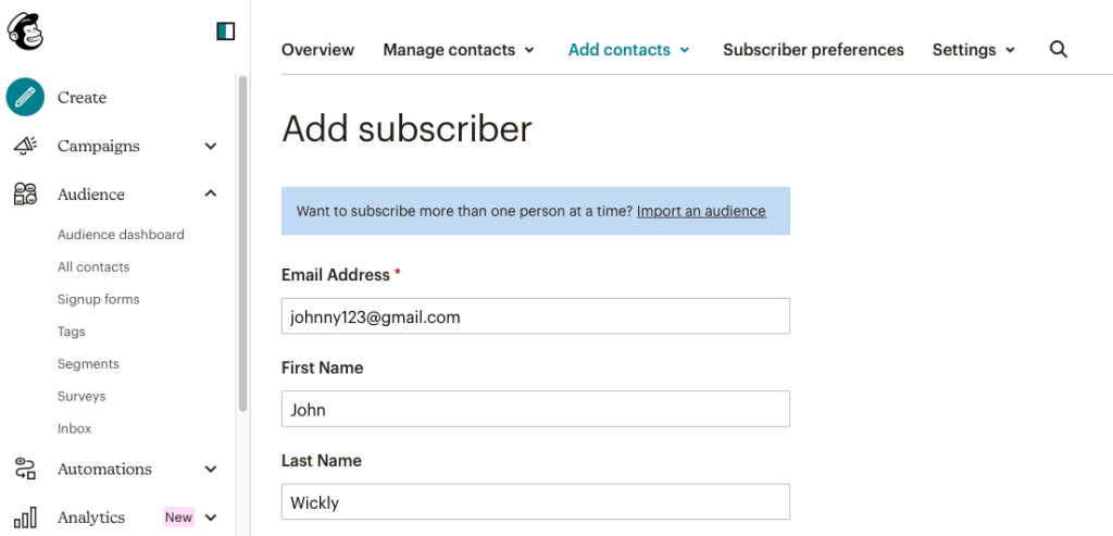 adding a subscriber in the mailchimp UI