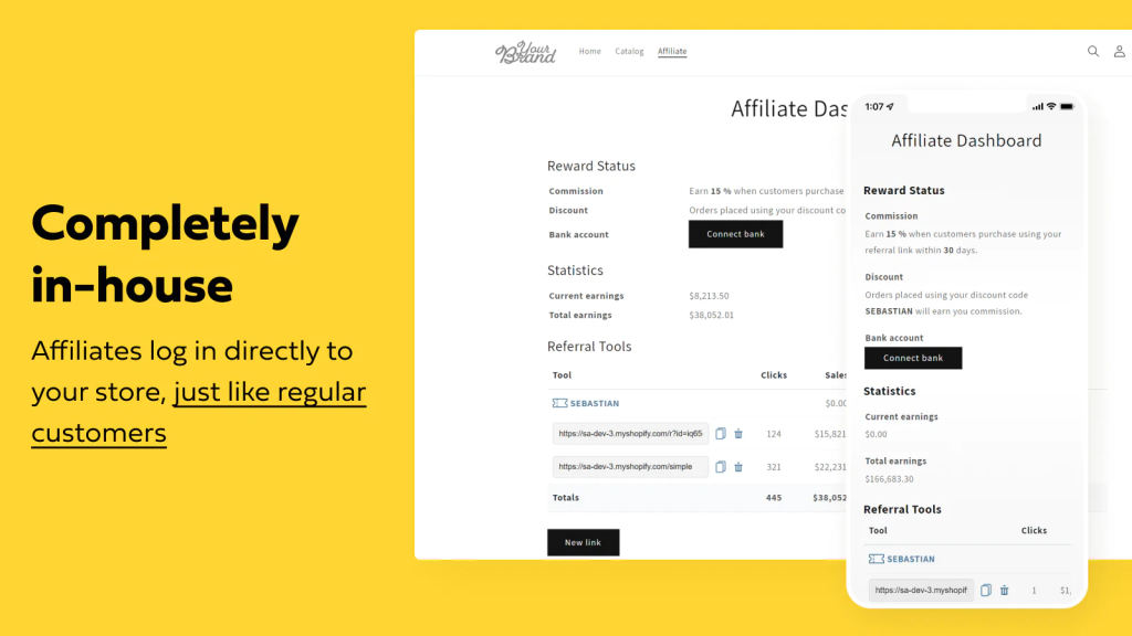 simple affiliate app on shopify showing the affiliate dashboard