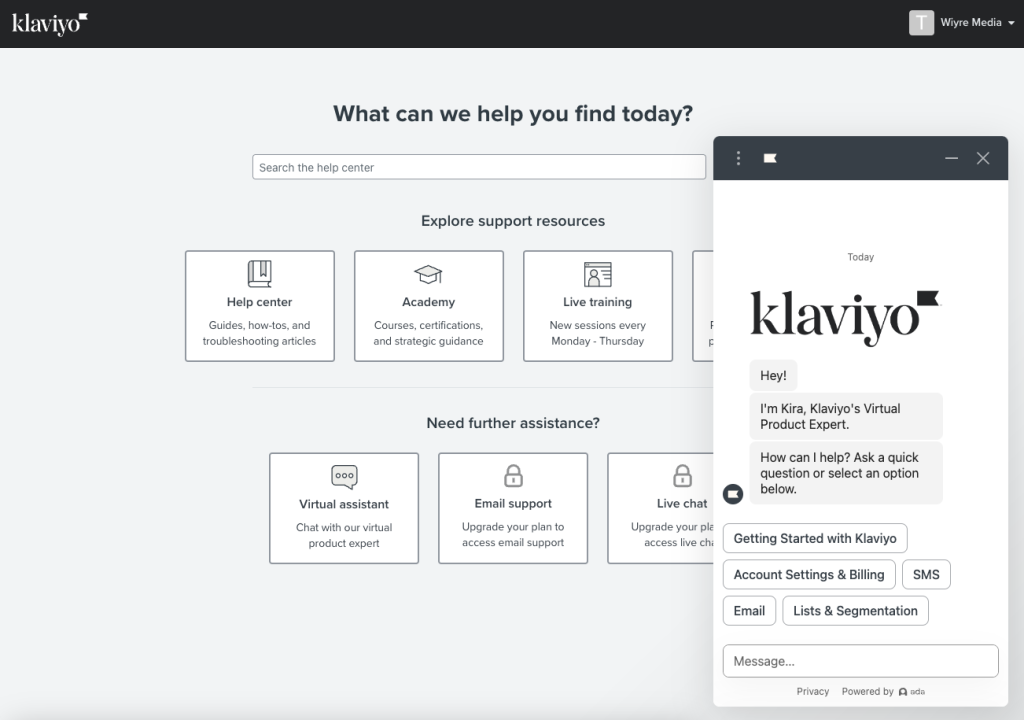 screenshot of the Klayvio virtual product expert showing a chat box on the right hand side of the page allowing a user to ask the bot a bunch of generic questions