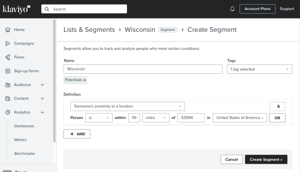 Screenshot of the Klayvio audience builder