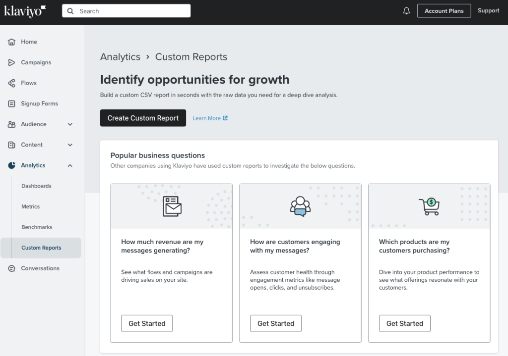 screenshot of the Klayvio custom reports page with a few pre-built reports ready to run