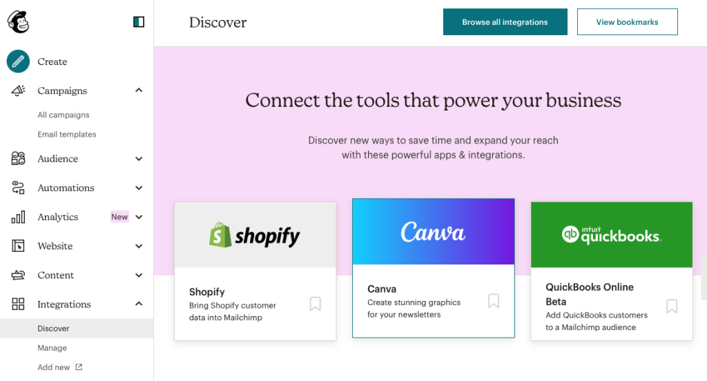 screenshot of the Mailchimp integrations page that lists all of the available add ons and tools