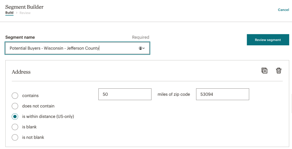 screenshot of the Mailchimp segment builder