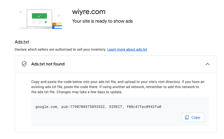 example ads.txt for Wiyre.com