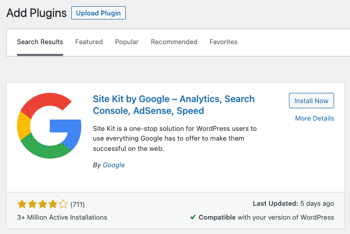 Google Site Kit plugin listing on the WordPress plugins page