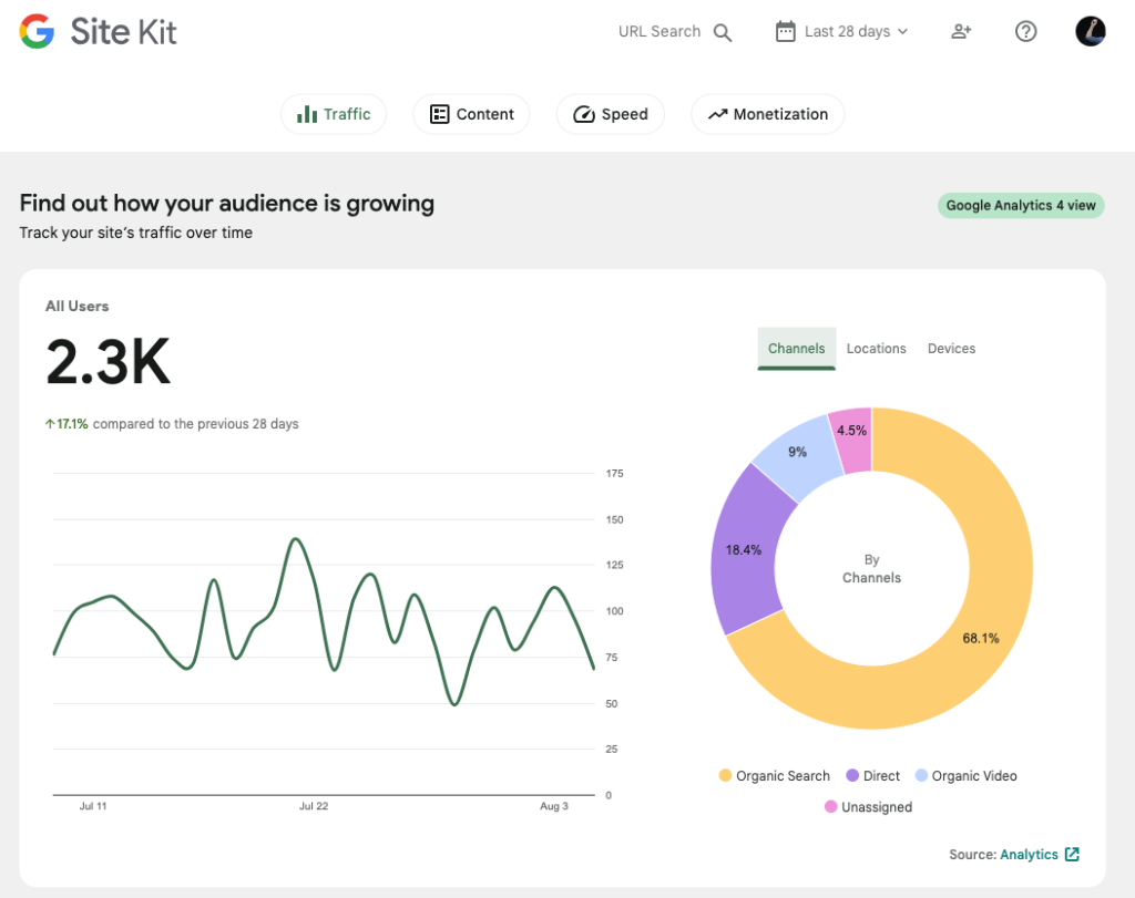 Screenshot of the site overview with Site Kit when you log in to your admin panel on your wordpress site