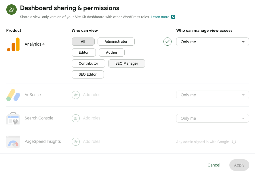 you can add fine-grained permissions to your site kit dashboard to give or restrict access to the data to other members of your site