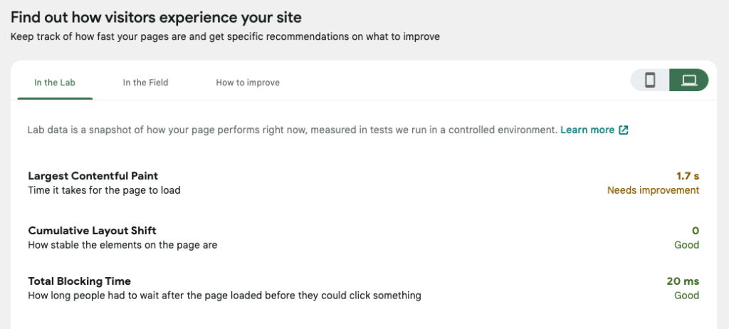 Screenshot of the performance page in Site Kit